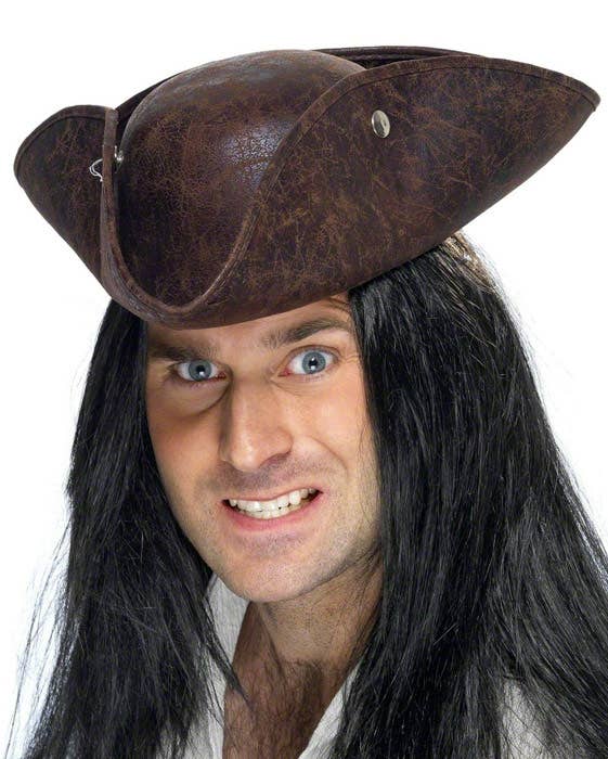 Pirate Tricorn Hat Brown Distressed Leather Look Adult Costume Accessory