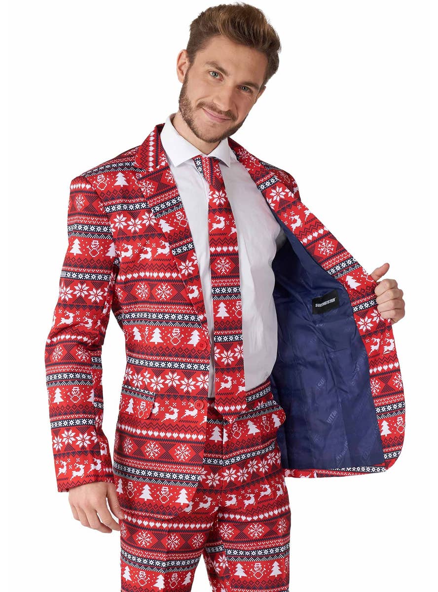 Red Nordic Pixel Print Christmas Suit for Men - Close Image