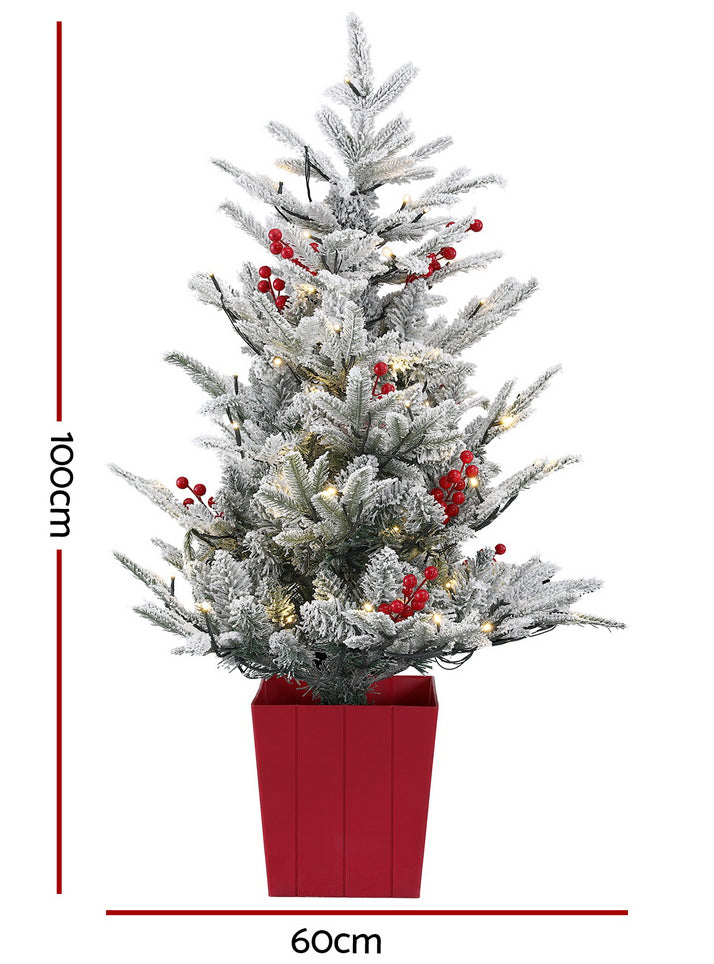 Snow Flocked Prelit 100cm Christmas Tree Decoration with Red Berries - Dimensions Image