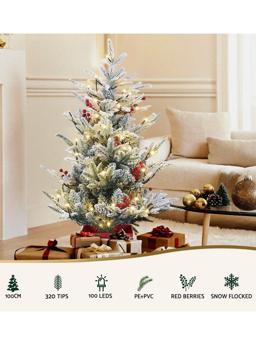 Snow Flocked Prelit 100cm Christmas Tree Decoration with Red Berries - Info Image 3