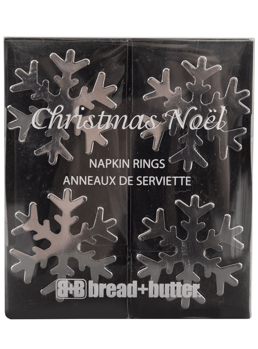 Silver Metal Snowflake Christmas Napkin Rings Four Pack Packaging Image