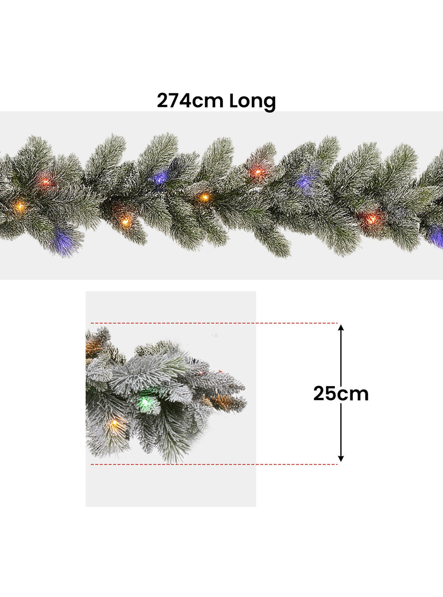 Snowy 270cm Christmas Garland with Multicolour LED Lights - Dimensions Image