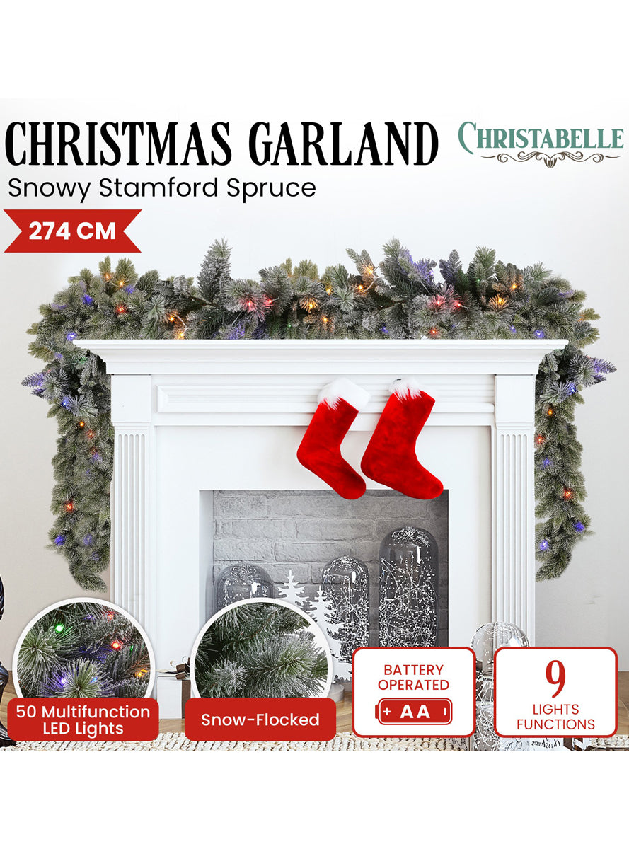 Snowy 270cm Christmas Garland with Multicolour LED Lights - Info Image 1