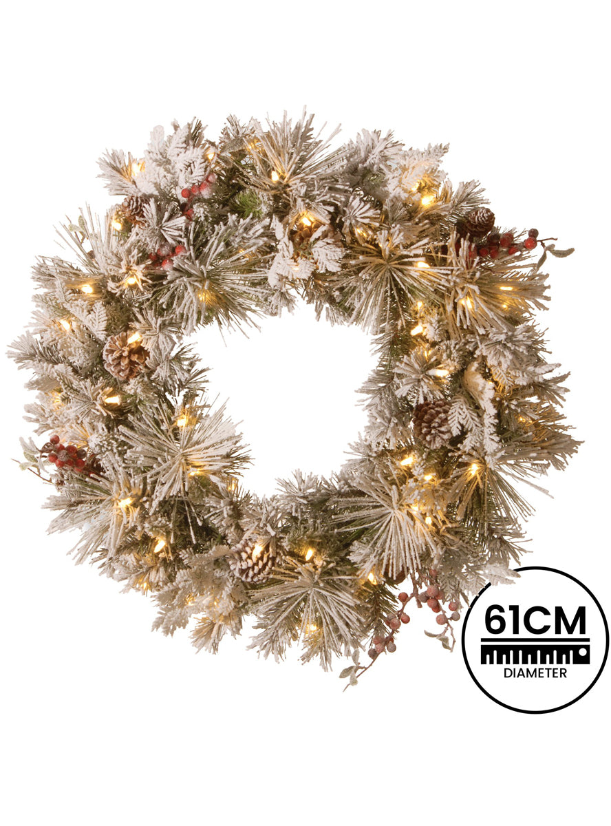 Snowy 61cm Bedford Christmas Wreath with Lights and Decorations - Dimensions Image