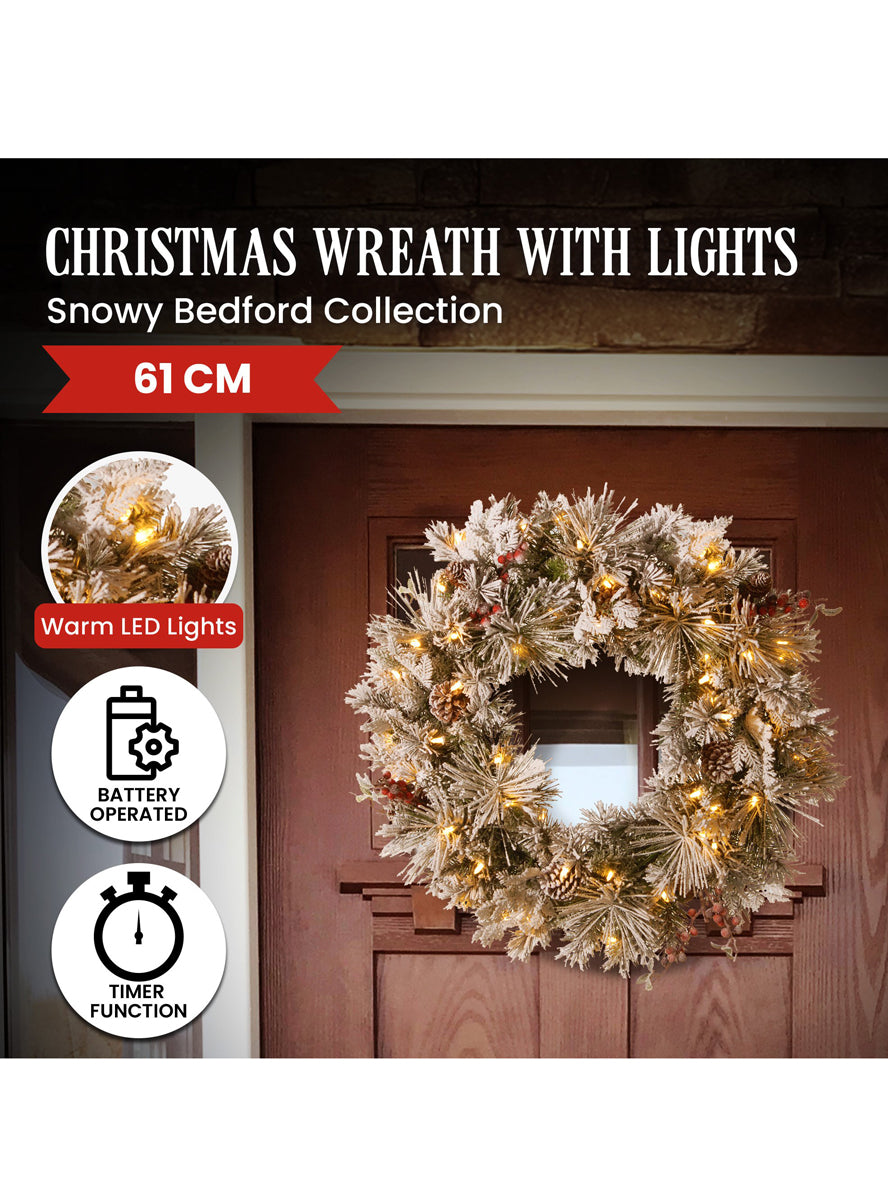 Snowy 61cm Bedford Christmas Wreath with Lights and Decorations - Info Image 1