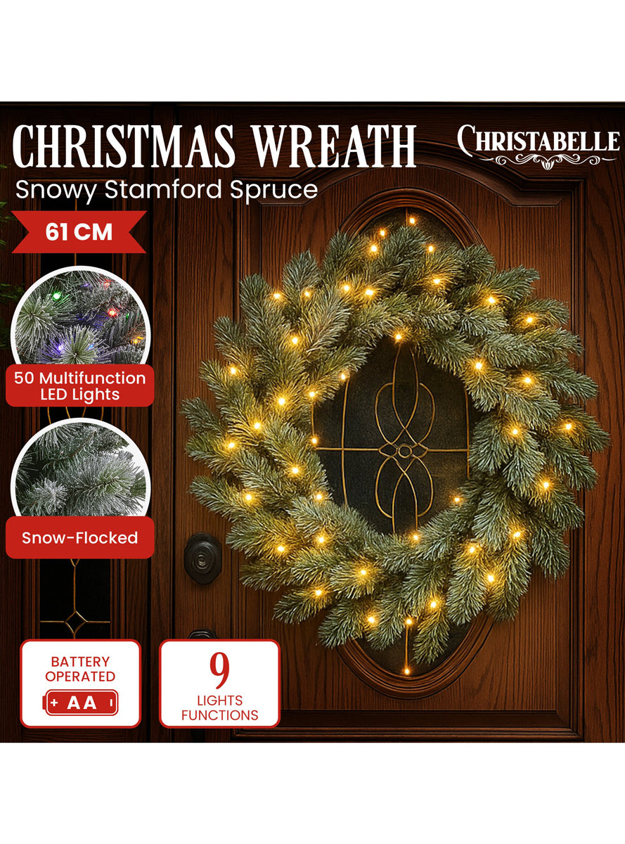 Snowy Stamford Spruce 61cm Prelit Christmas Wreath - Info Image 1