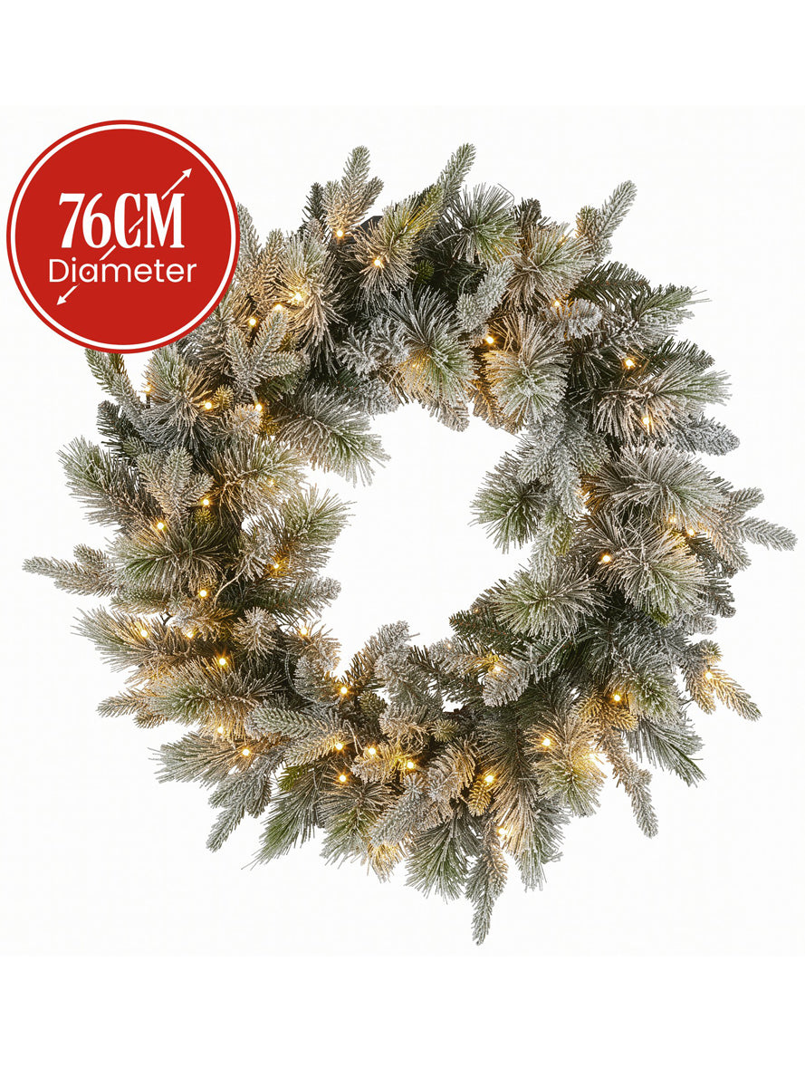 Snowy Stamford Spruce Prelit 76cm Christmas Wreath Decoration - Dimensions Image