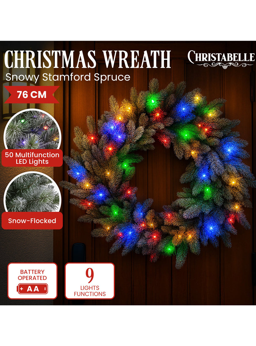 Snowy Stamford Spruce Prelit 76cm Christmas Wreath Decoration - Info Image 1