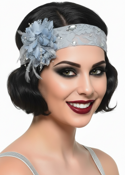 1920s Jewelled Grey Lace Headband With Side Flower - main image