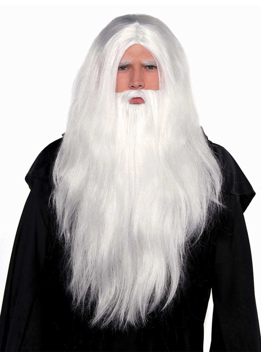 Mens White Wizard Beard and Wig Set