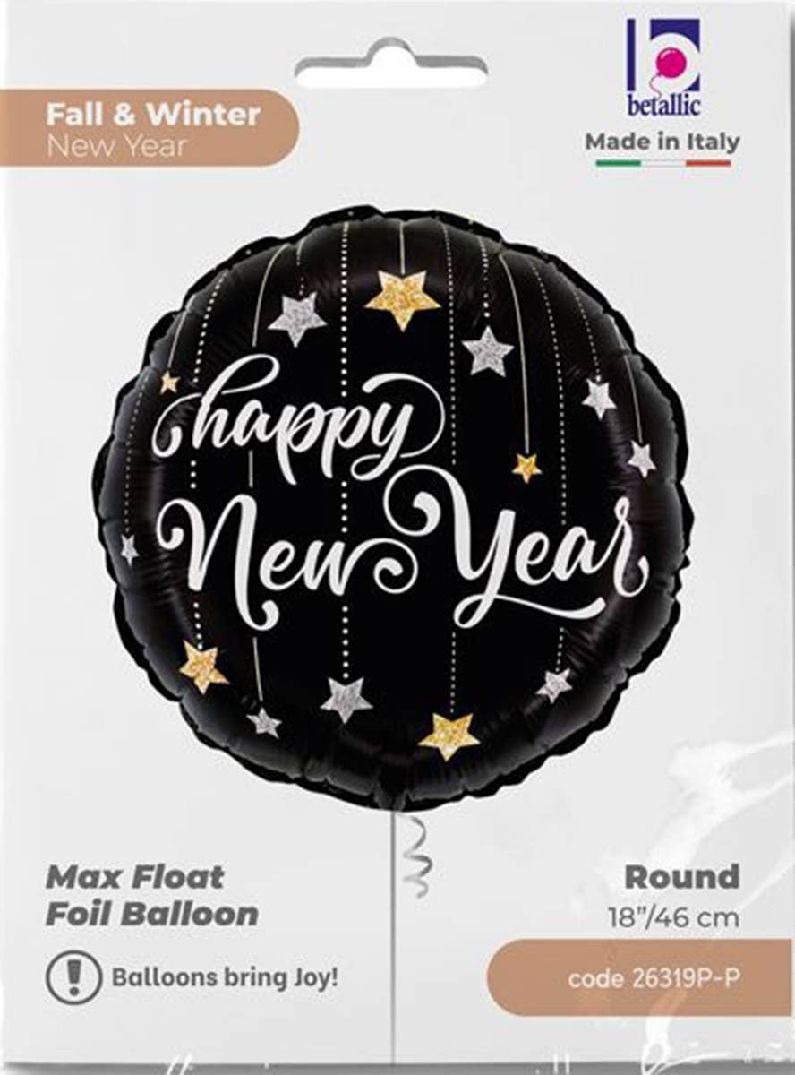 Image of Sparkling Stars Happy New Year Black 45cm Party Balloon - Alternative