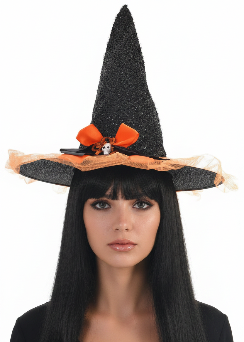 Image of Sparkly Black and Orange Witch Hat with Bow - main image