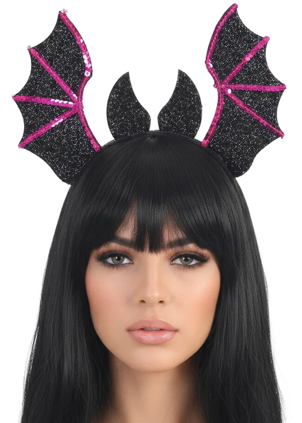 Sparkly Black and Pink Sequin Bat Halloween Headband - Main Image