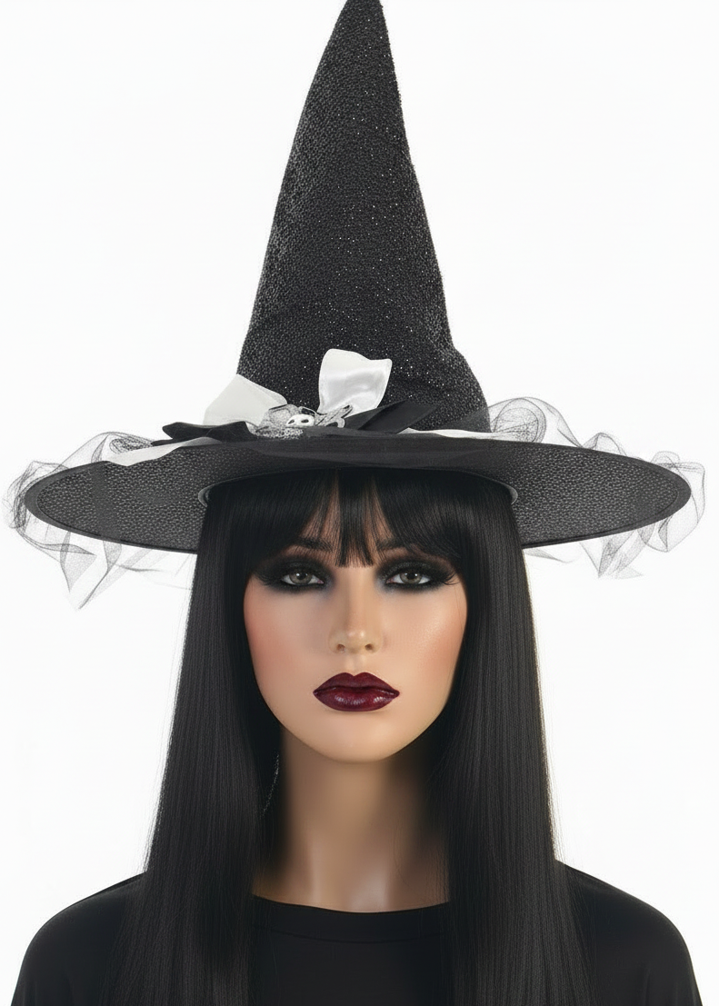 Image of Sparkly Black and White Witch Hat with Bow - main image