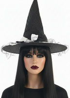 Image of Sparkly Black and White Witch Hat with Bow - main image