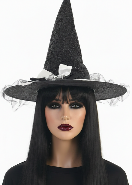 Image of Sparkly Black and White Witch Hat with Bow - main image