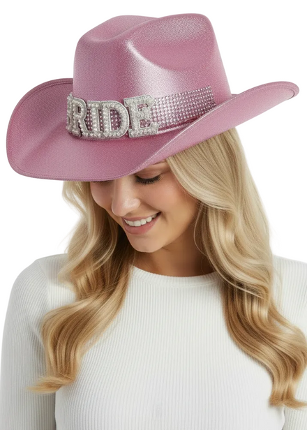 Image of Sparkly Pink Cowgirl Hat with Bride Embellishment - Main Image