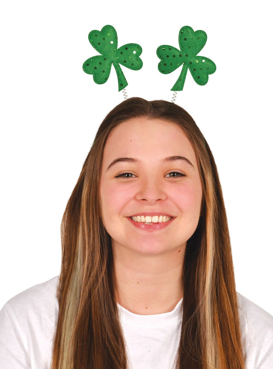 St Patricks Day Green Sequined Shamrock Costume Head Bopper - Main Image