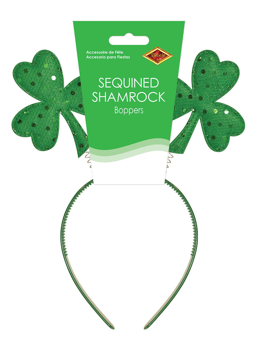 St Patricks Day Green Sequined Shamrock Costume Head Bopper - Packaging Image