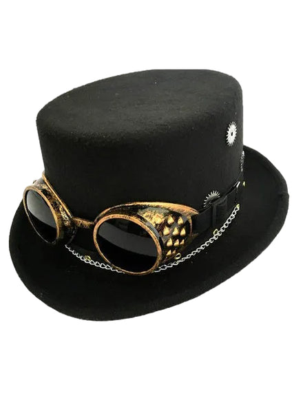 Steampunk Black Costume Top Hat with Gold Goggles - Main Image
