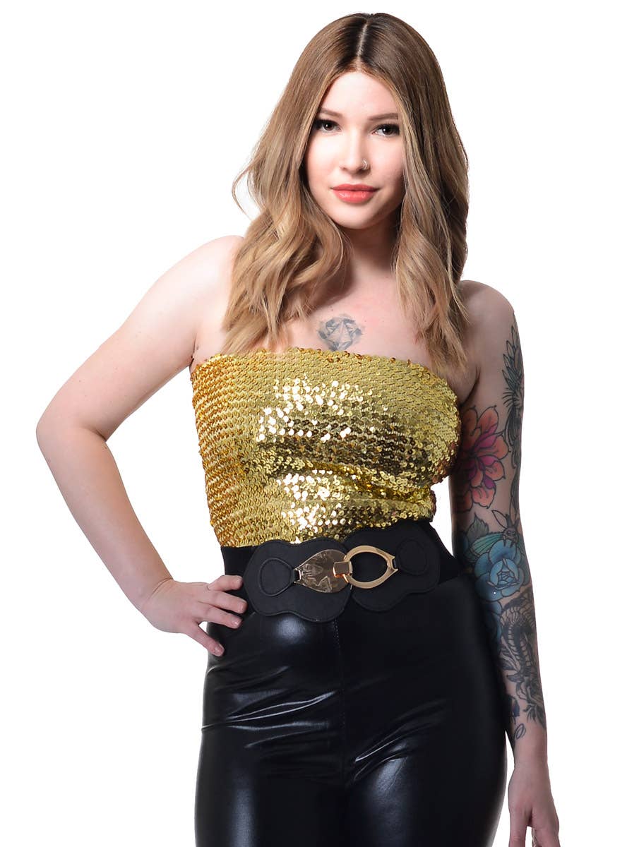 Image of Stretchy Gold Sequin 70's Boob Tube Women's Costume Top - Close View