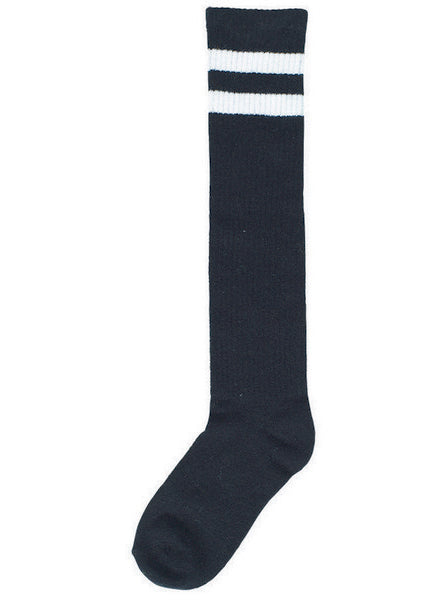 Knee High Adults Black Stocks with White Stripes - Main Image