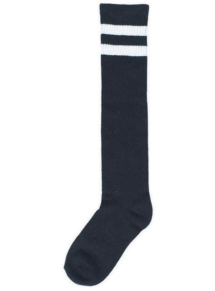 Knee High Adults Black Stocks with White Stripes - Main Image