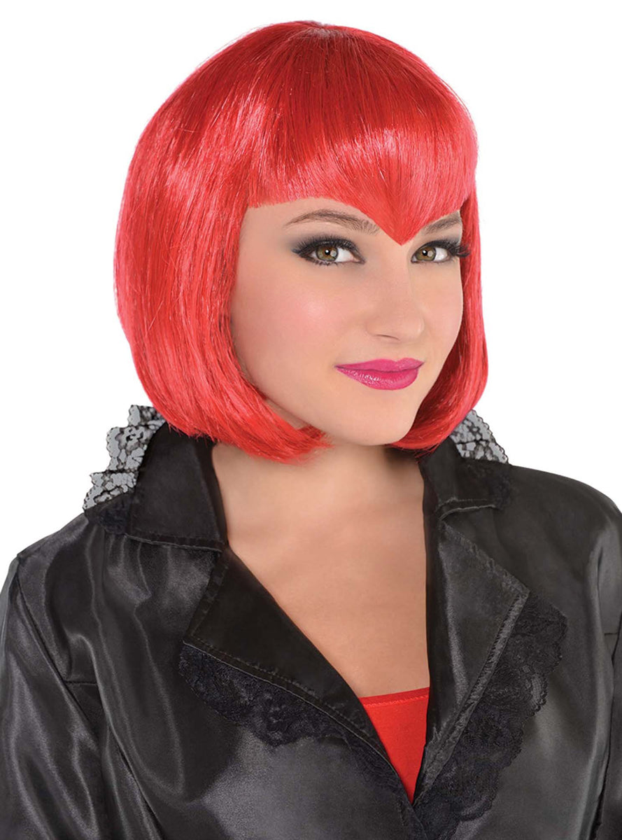 Womens Short Red Bob Wig with V Fringe