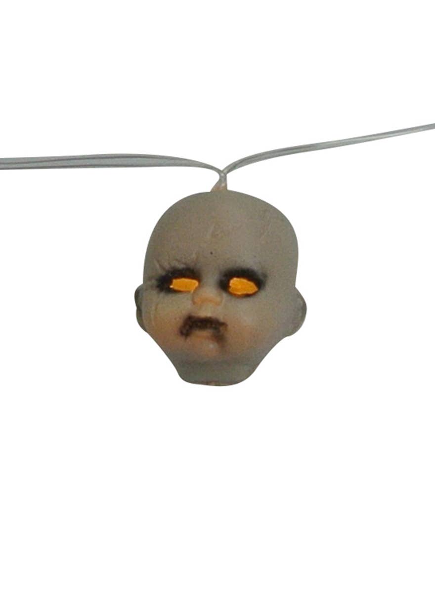 Light Up Hanging Doll Heads Garland Halloween Decoration - Close Up Image