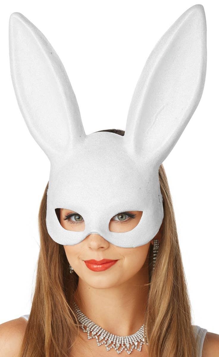 Glitter White Bunny Women's Masquerade Mask Main Image
