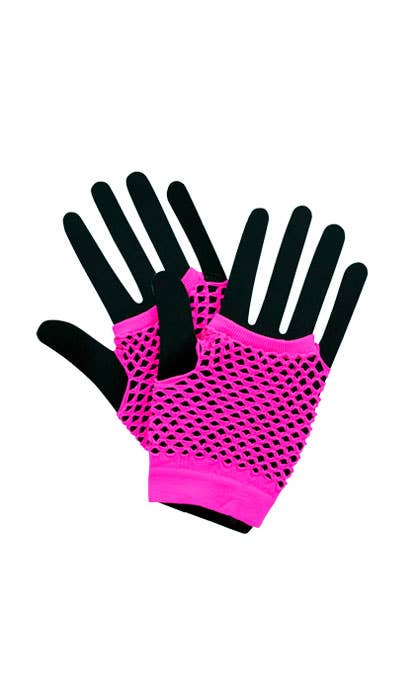 Short Neon Pink 80's Fingerless Fishnet Costume Gloves 