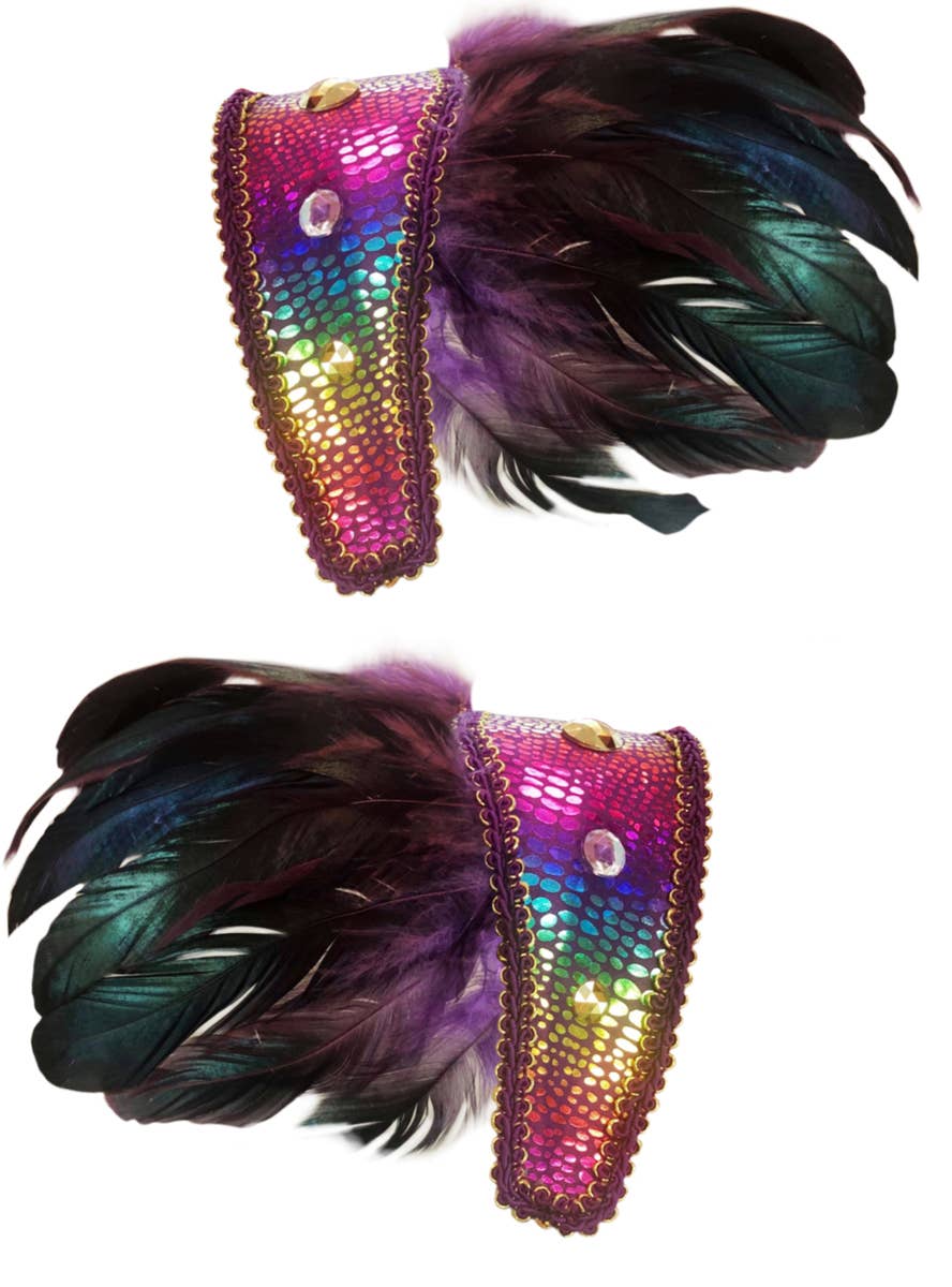 Purple and Rainbow Snake Print Shoulder Pads with Feathers