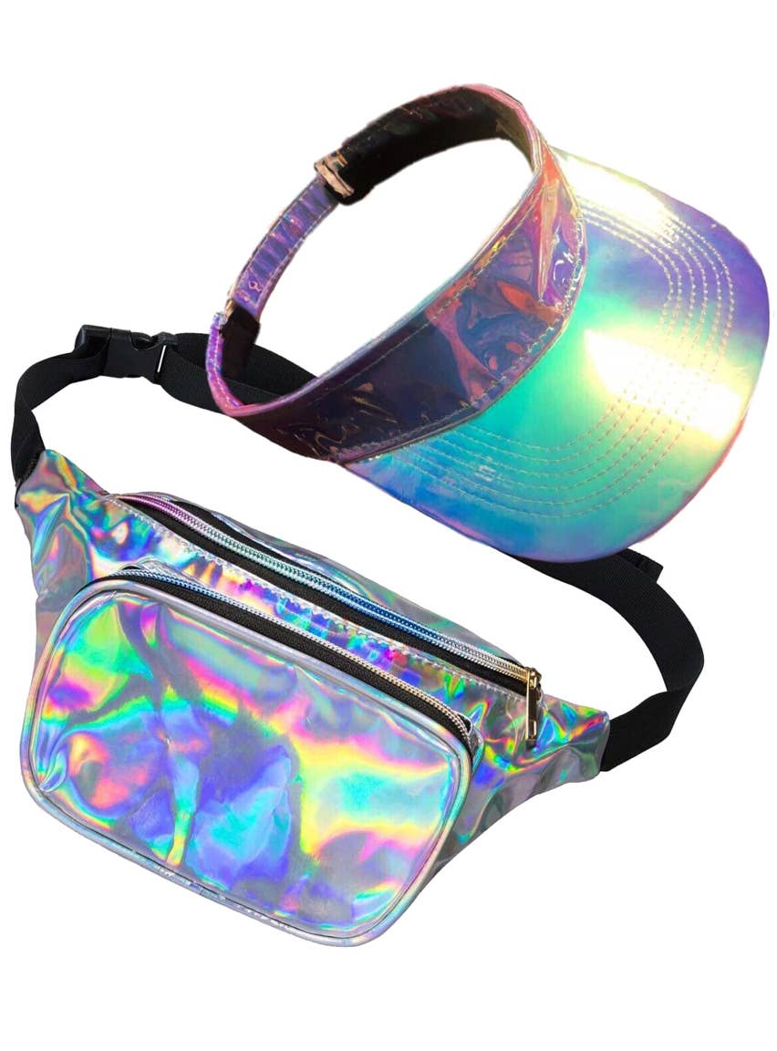 Silver Holographic Visor Hat and Bum Bag Accessory Set