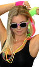 Women's 1980's Fluro Costume Accessory Set with Glasses, Earrings, Necklaces, Gloves and Hair Extensions