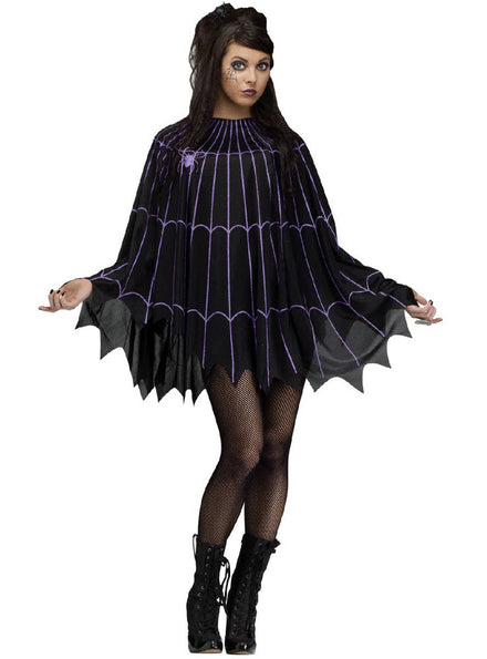 Purple and Black Spiderweb Print Halloween Poncho
