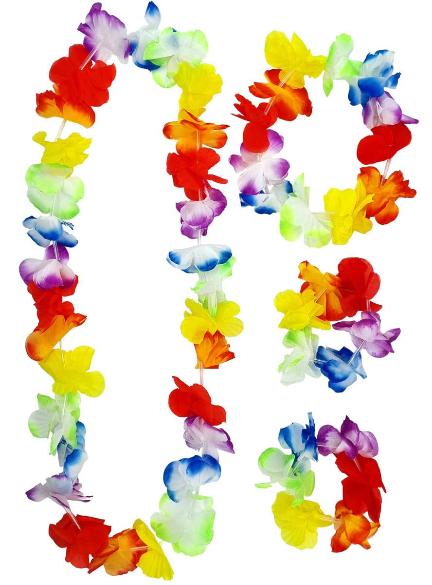 Rainbow Lei Headpiece and Wrist Cuffs Accessory Set