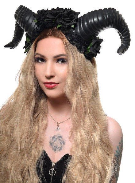 Black Ram Horns and Black Roses on Headband Halloween Headpiece