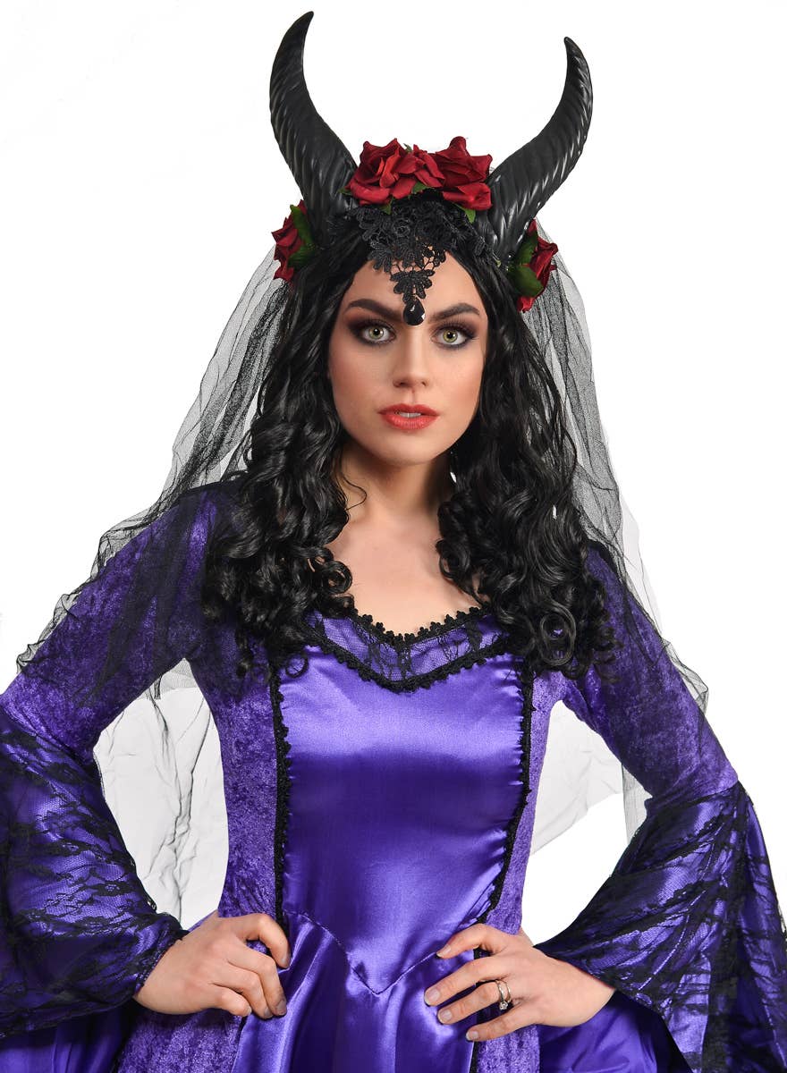 Lacy Black Devil Horns Headband with Red Roses and Veil - Full View