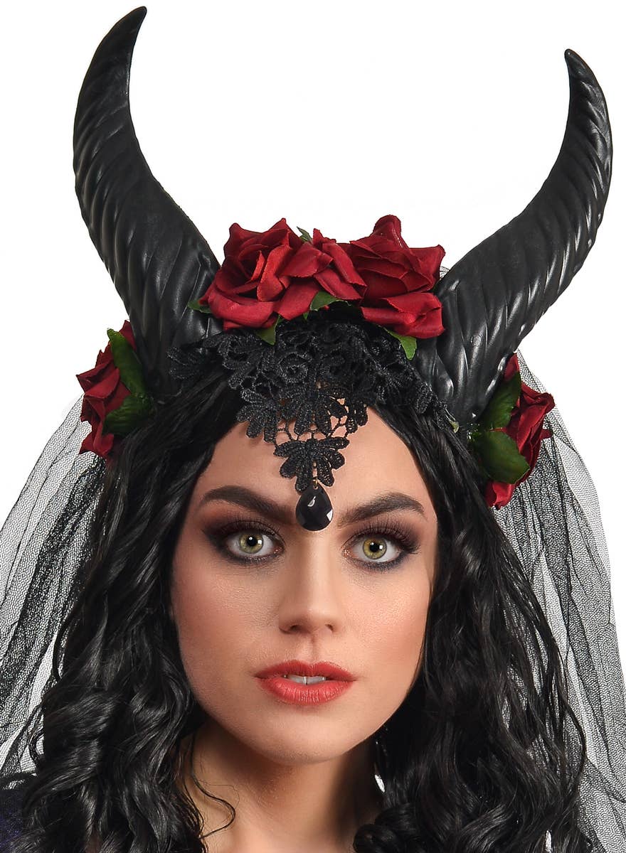 Lacy Black Devil Horns Headband with Red Roses and Veil - Main View