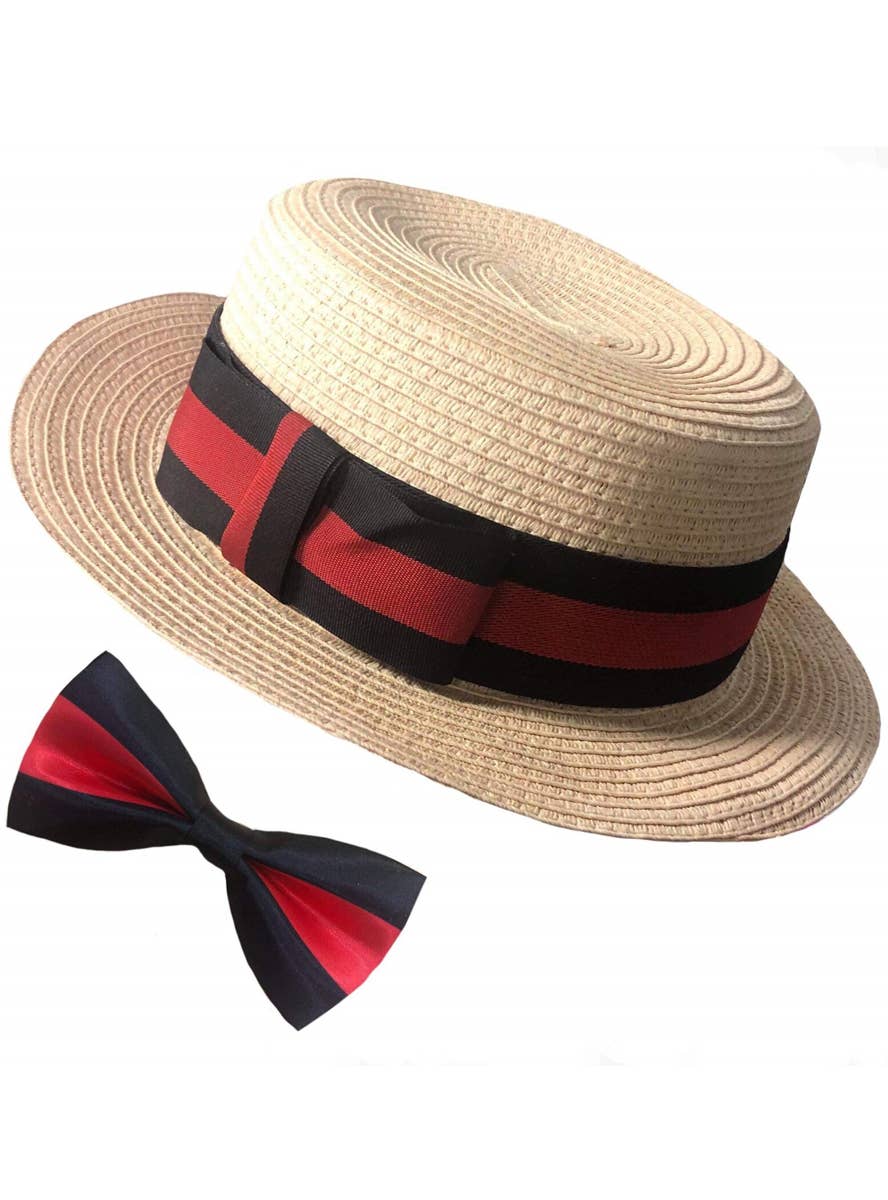 Straw Boater Hat and Red and Black Tie Accessory Set