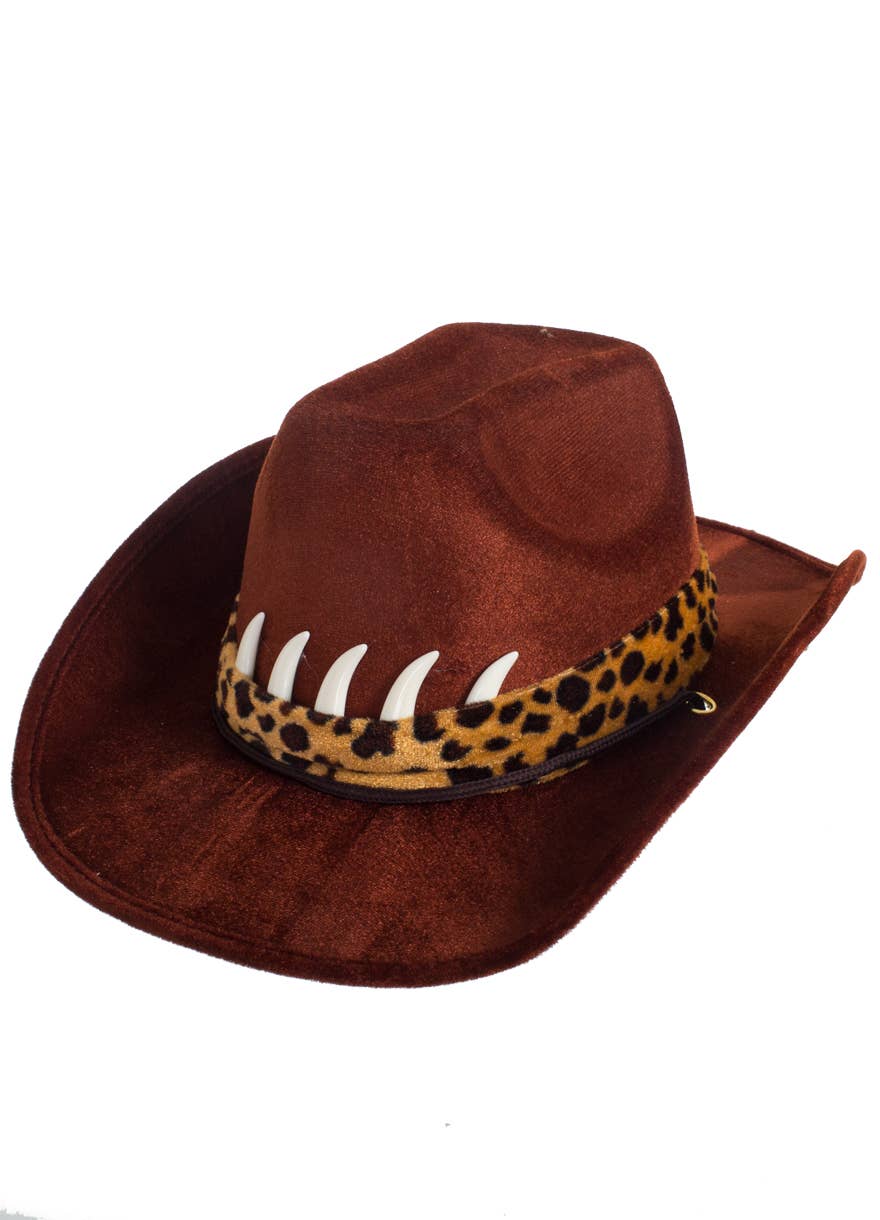 Brown Feltex Cowboy Hat with Leopard Print Hatband and Teeth