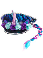 Blue and Purple Sequin Festival Hat with Braid and Unicorn Horn