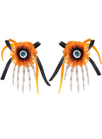 Orange Lace Hair Clip with Skeleton Hands and Eyeballs