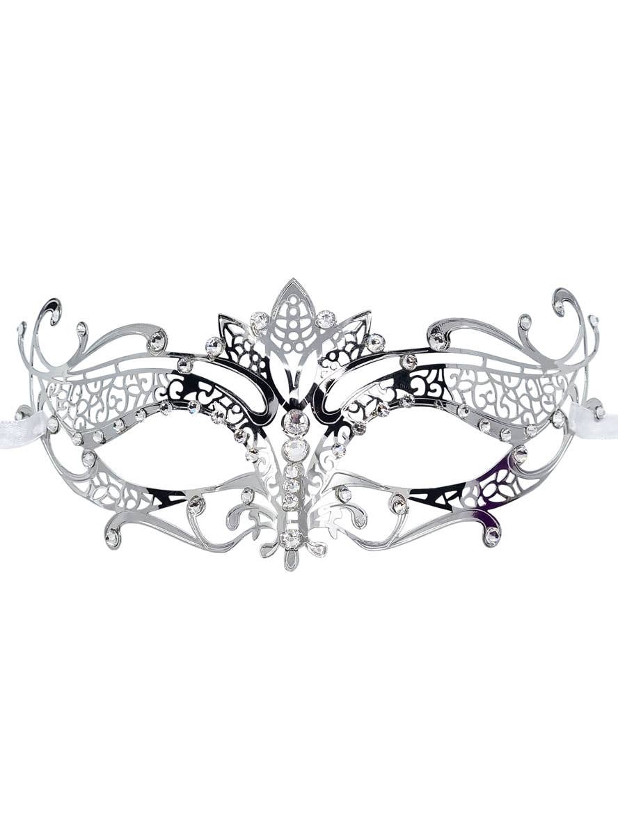 Silver Lightweight Metal Womens Masquerade Mask with Rhinestones