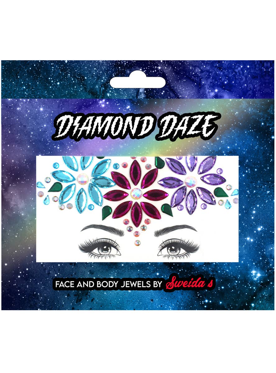 Purple Pink and Blue 70s Hippie Stick On Face Gems - Packaging Image