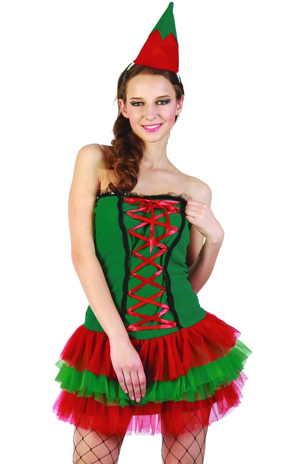 Red and Green Christmas Sexy Elf Women's CHristmas Costumes with Matching Hat - Alternate Image