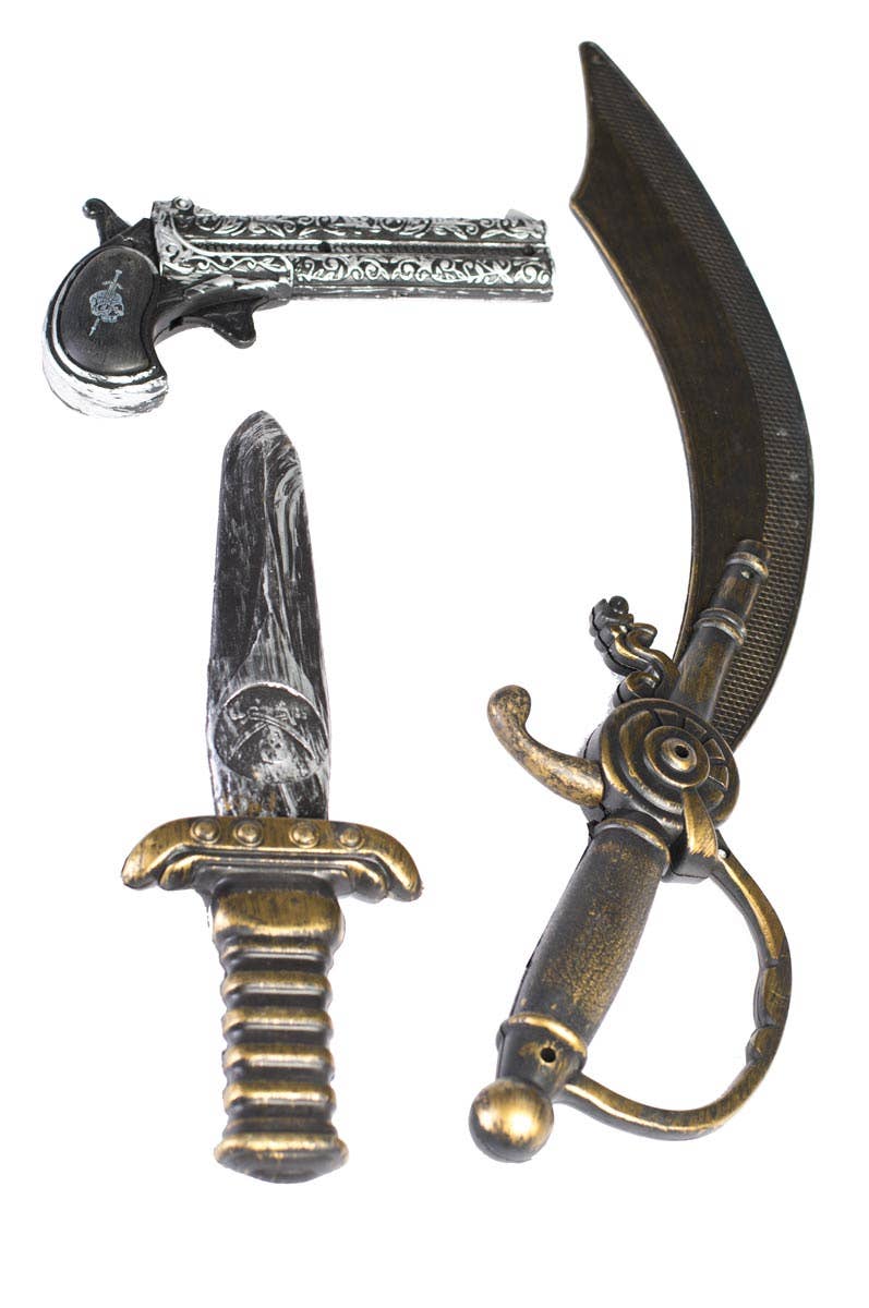 Black and Gold Pirate Cutlass, Gun and Dagger Costume Weapon Set 
