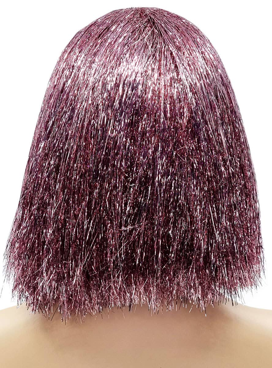 Womens Pink Sparkly Tinsel Bob Costume Wig - Back Image