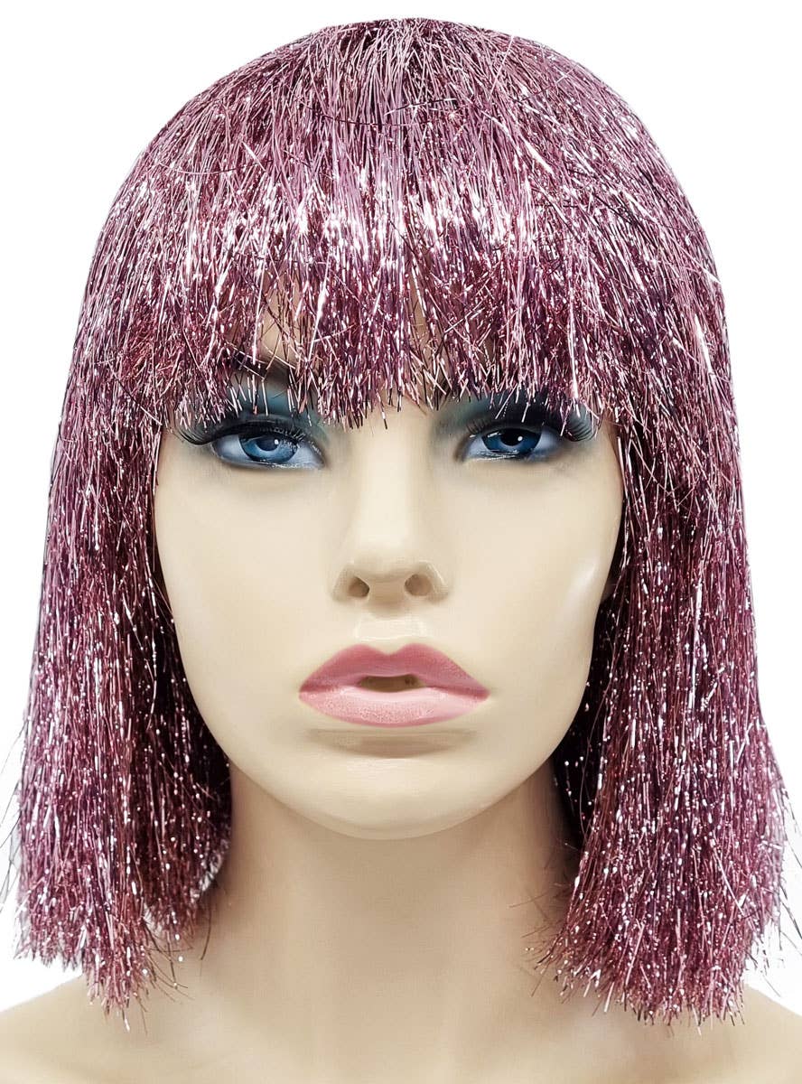Womens Pink Sparkly Tinsel Bob Costume Wig - Front Image