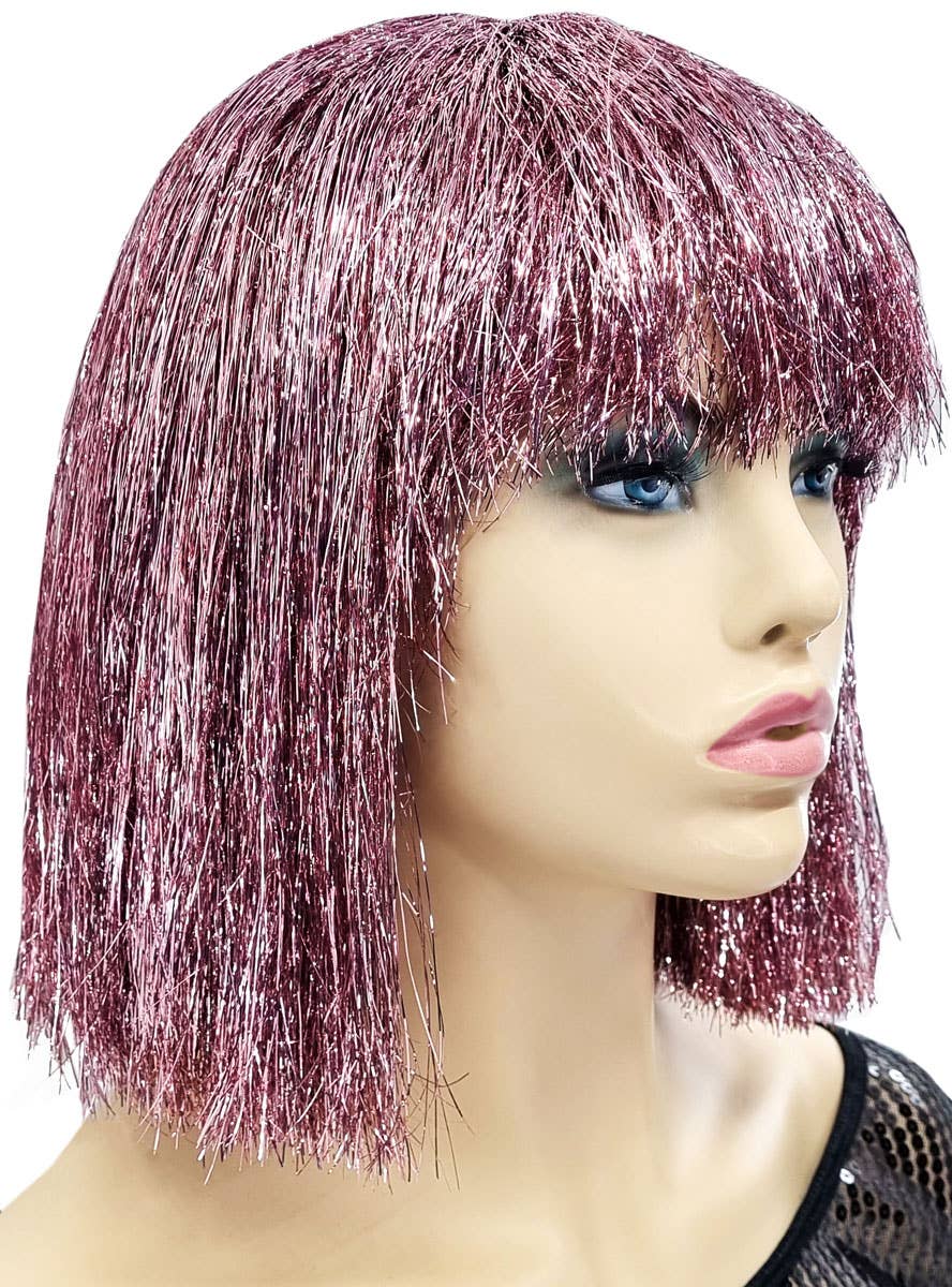 Womens Pink Sparkly Tinsel Bob Costume Wig - Side Image